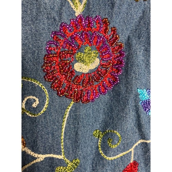 The Quacker Factory Women's Medium Chambray Beaded Embroidered Shirt New - Picture 8 of 16